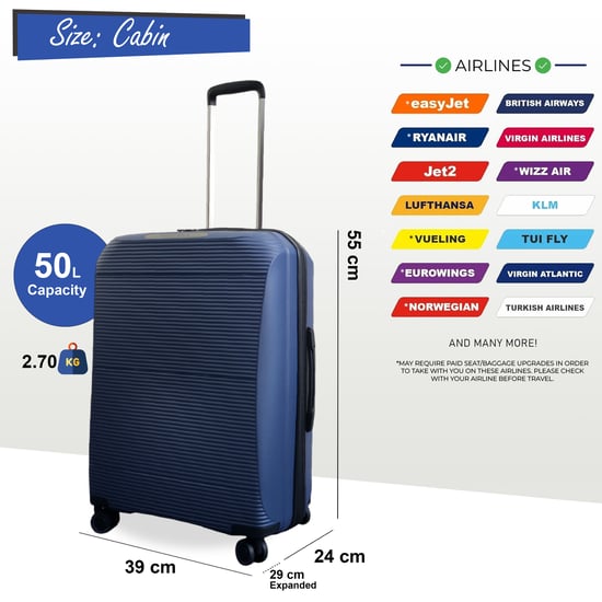 Uitbreidbare marineblauwe harde PP 8-wiel bagage reiskofferset voor handbagage en vakantie - Image 4