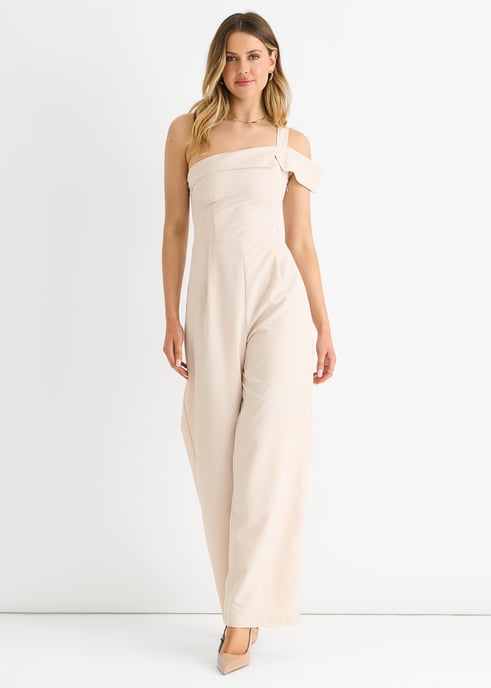 Crème Geweven Jumpsuit met één schouder en wijde pijpen - Image 3