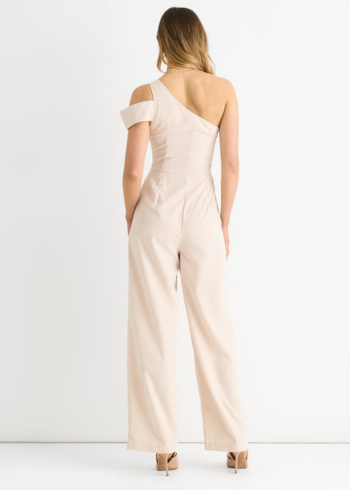 Crème Geweven Jumpsuit met één schouder en wijde pijpen - Image 4