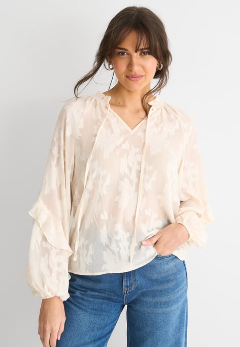 Blouse met lange mouwen en crèmekleurige jacquardbloemen - Image 2