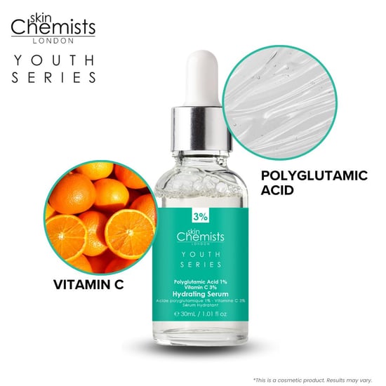 skinChemists Jeugdserie Hydraterend Serum Polyglutaminezuur 1%, Vitamine C 3% 30ml - Image 3