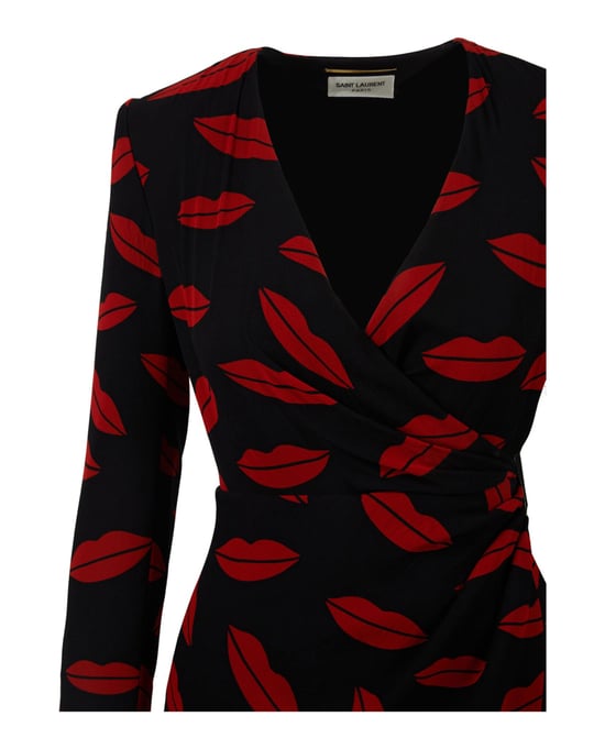 Saint Laurent Lippenprint Zijden Wikkeljurk - Image 3