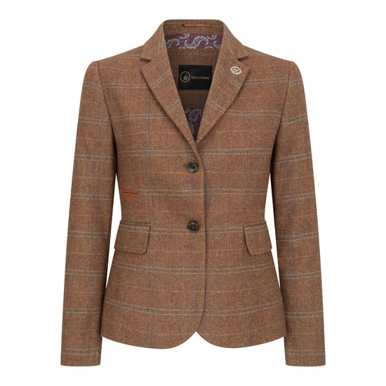 Dames Oak Brown Tailored Fit Tweed Blazer met visgraatmotief - Image 1