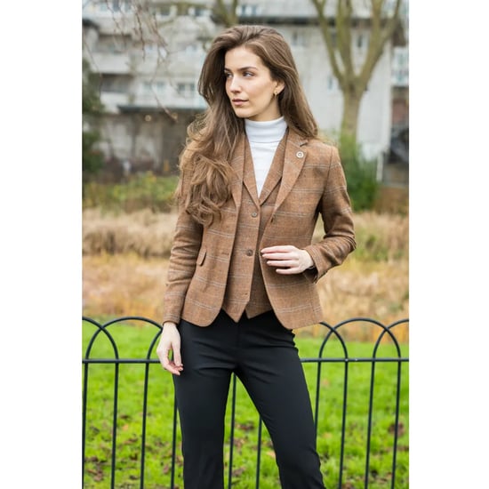 Dames Oak Brown Tailored Fit Tweed Blazer met visgraatmotief - Image 2
