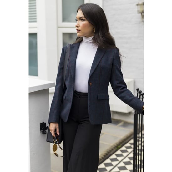 Marineblauwe tweed blazer met getailleerde pasvorm voor dames - Image 2