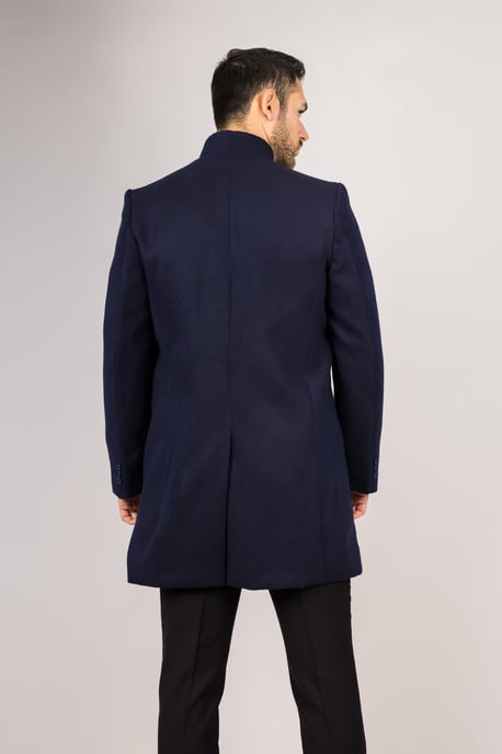 Marineblauwe wolmix overjas met opstaande kraag voor heren - Image 2