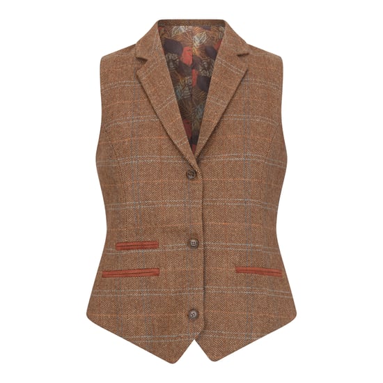 Dames Oak Brown Tailored Fit Tweed Gilet met Visgraatmotief - Image 1