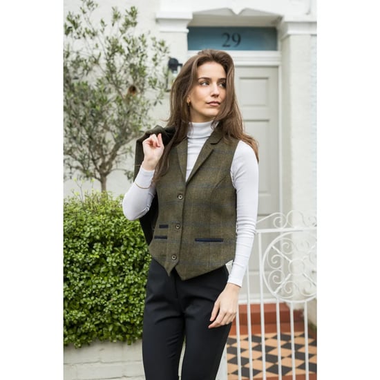 Dames olijfgroen getailleerde tweed gilet met visgraatmotief - Image 5