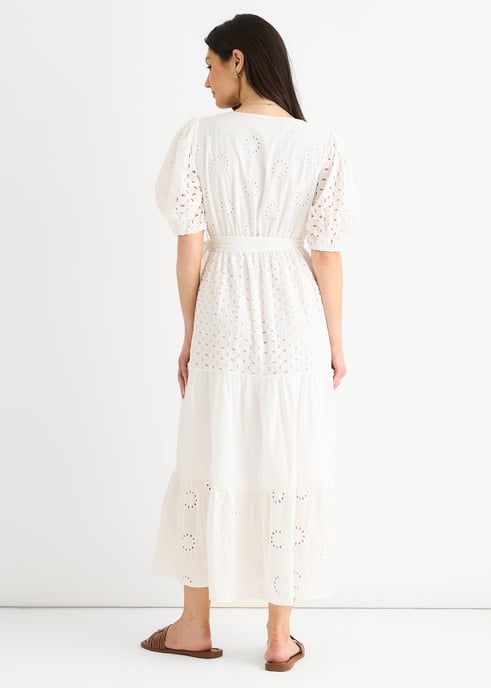 Witte Wrap Broderie Katoenen Midi Jurk met Riem - Image 4