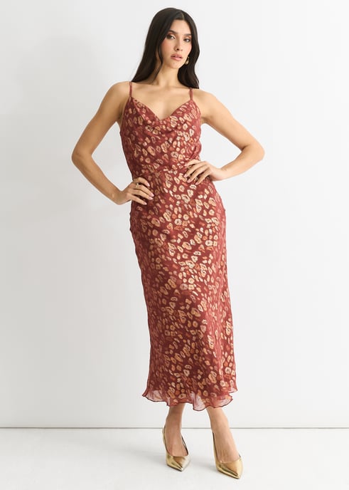 Bruine viscose Animal Jacquard Cowl Midi Dress - Image 1
