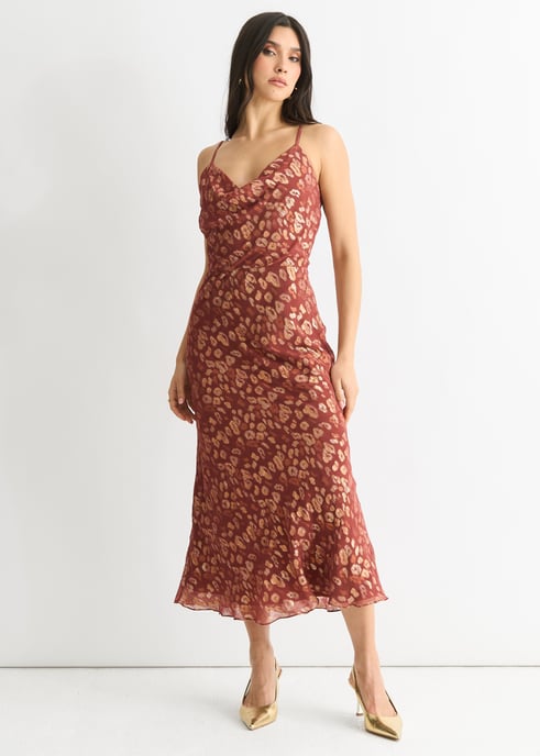Bruine viscose Animal Jacquard Cowl Midi Dress - Image 3