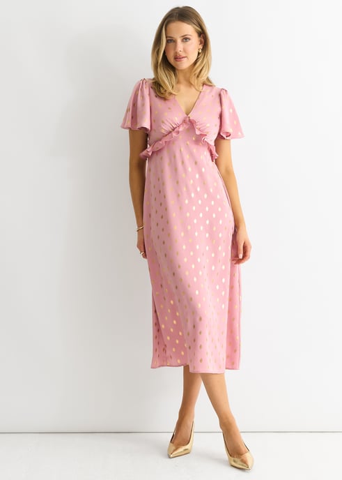 Blush Metallic Folie V Hals Midi Dress - Image 1