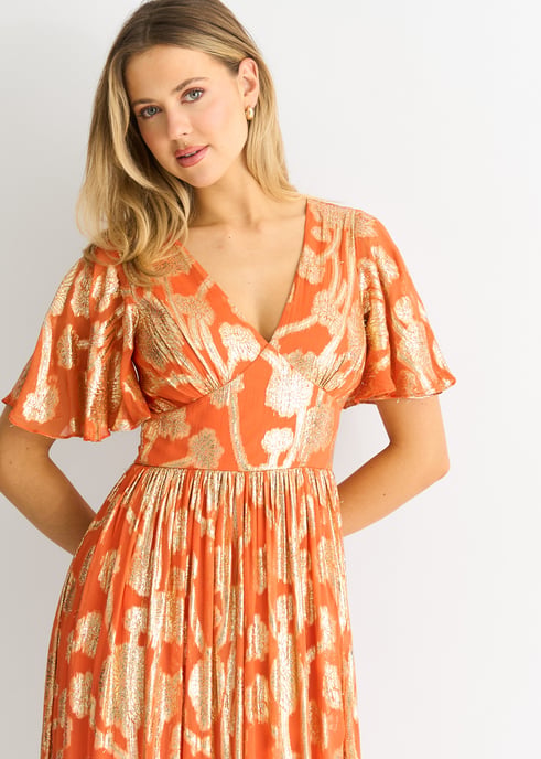 Oranje metallic jacquard fladdermouwen maxi jurk - Image 2