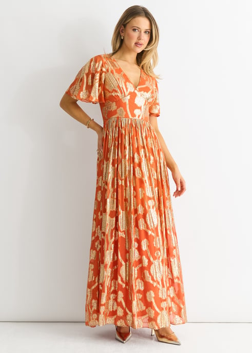 Oranje metallic jacquard fladdermouwen maxi jurk - Image 3