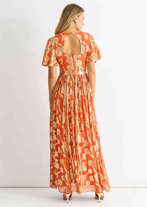 Oranje metallic jacquard fladdermouwen maxi jurk - Image 4
