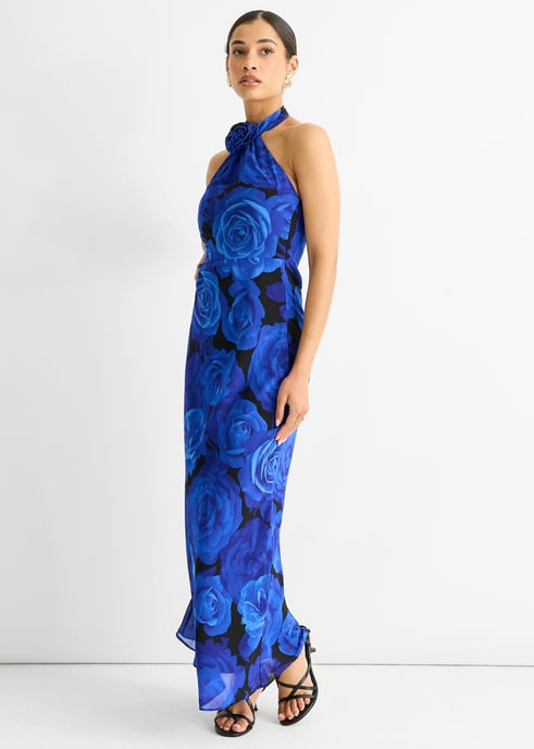 Blauwe Bloemen Gelegenheid Halter Maxi Jurk - Image 3