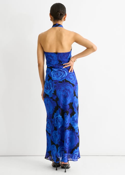 Blauwe Bloemen Gelegenheid Halter Maxi Jurk - Image 4