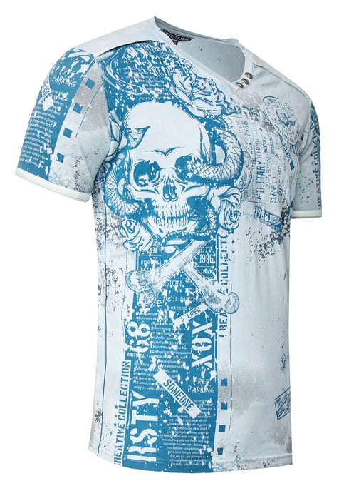 T-shirt met V-hals en all-over skull- en slangprint en suède details - Image 2