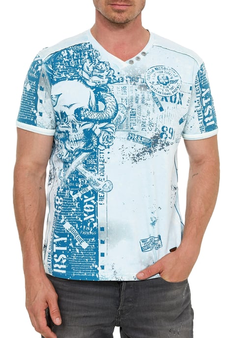 T-shirt met V-hals en all-over skull- en slangprint en suède details - Image 4