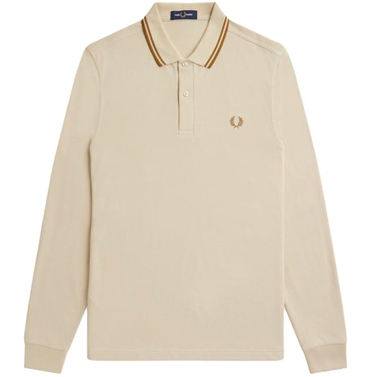 Fred Perry Long Sleeve Twin Tipped Oatmeal Beige Poloshirt - Image 1