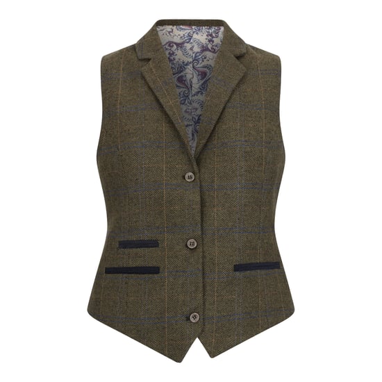 Olijfgroene 2-delige set van tweedblazers en gilet met visgraatmotief voor dames - Image 3