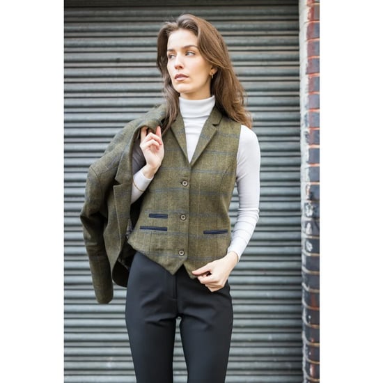 Olijfgroene 2-delige set van tweedblazers en gilet met visgraatmotief voor dames - Image 4
