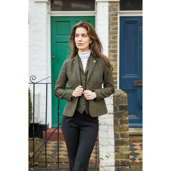 Olijfgroene 2-delige set van tweedblazers en gilet met visgraatmotief voor dames - Image 5