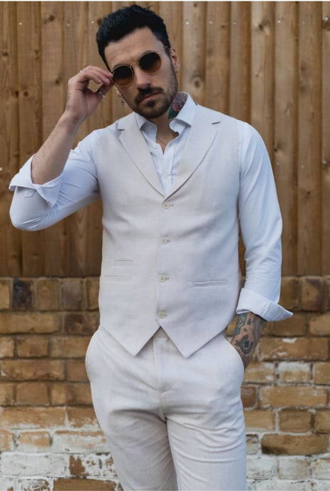 Heren Zomer 2-delig Pak Linnen Formeel Crème Beige Vest Broek - Image 3