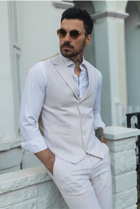 Heren Zomer 2-delig Pak Linnen Formeel Crème Beige Vest Broek - Image 5