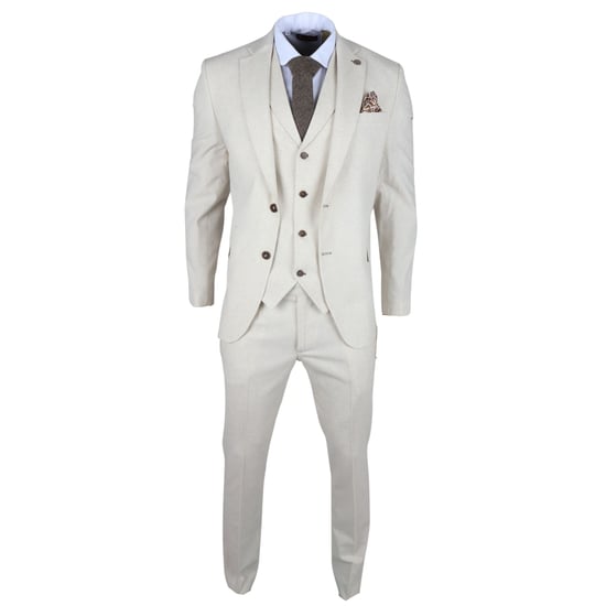 Heren Beige 3-delig Linnen Formeel Zomer Trouwpak - Image 5