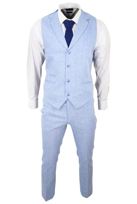 Heren Zomer 2-Delig Pak Linnen Formeel Lichtblauwe Gilet Broek - Image 2