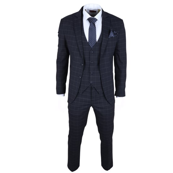 Heren Navy Geruit 3-delig Pak Slim Fit - Image 1