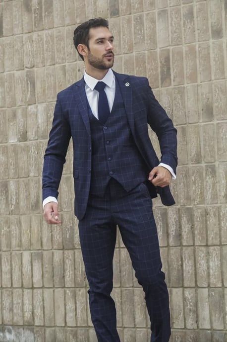 Heren Navy Geruit 3-delig Pak Slim Fit - Image 2