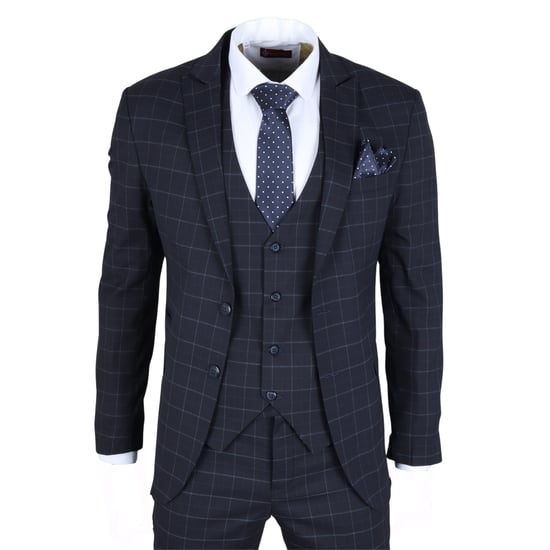Heren Navy Geruit 3-delig Pak Slim Fit - Image 3
