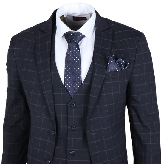 Heren Navy Geruit 3-delig Pak Slim Fit - Image 4