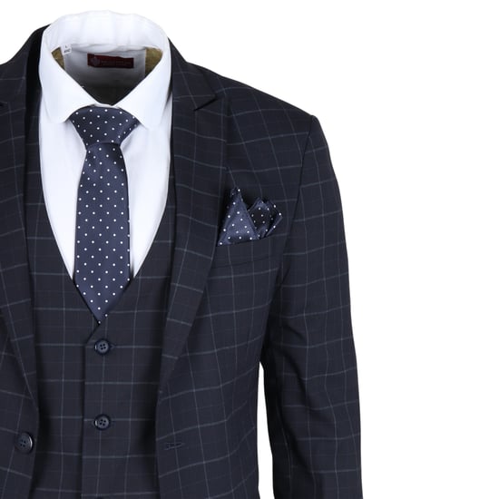 Heren Navy Geruit 3-delig Pak Slim Fit - Image 6