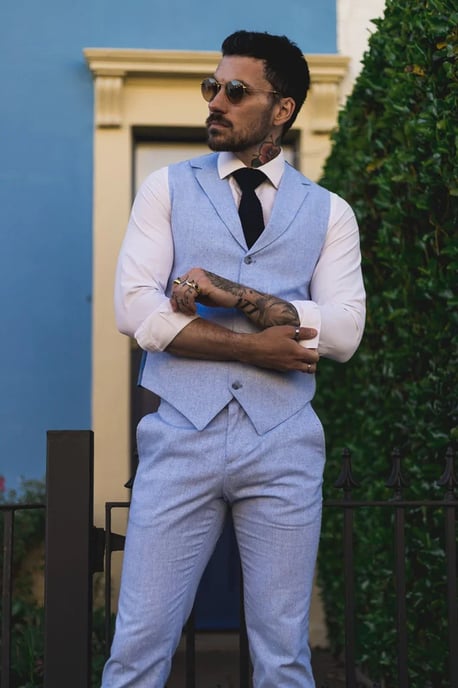 Heren Zomer 2-delige Pak Linnen Formeel Blauwe Vest Broek - Image 3
