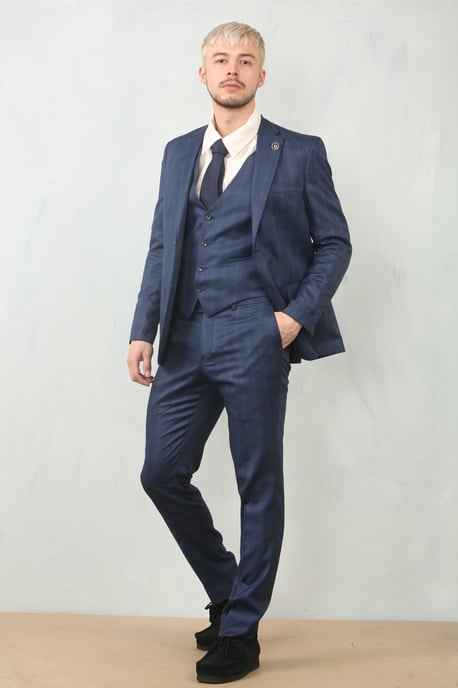 Heren 3-delig Prince Of Wales Blauwe Pak Werkoutfit - Image 6