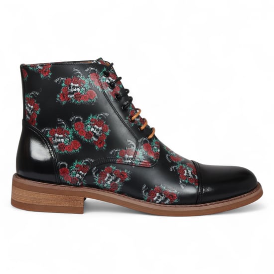 Justin Reess Heren Zwarte Oxford Enkellaarsjes van Leer met Bloemenprint - Adam Skull - Image 1