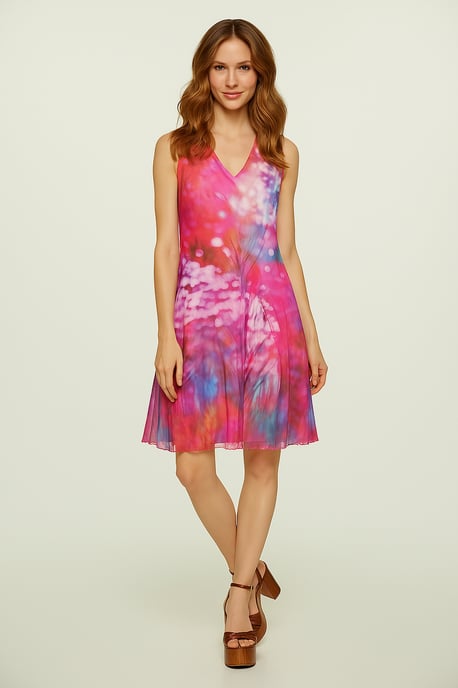 Mouwloze A-lijnjurk voor dames – abstracte veelkleurige print, gevoerd katoen met een bovenlaag van transparant nylon - Image 2