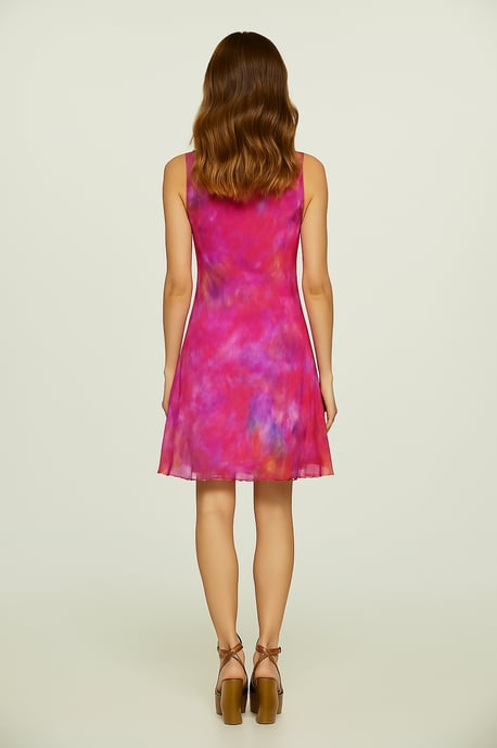Mouwloze A-lijnjurk voor dames – abstracte veelkleurige print, gevoerd katoen met een bovenlaag van transparant nylon - Image 4