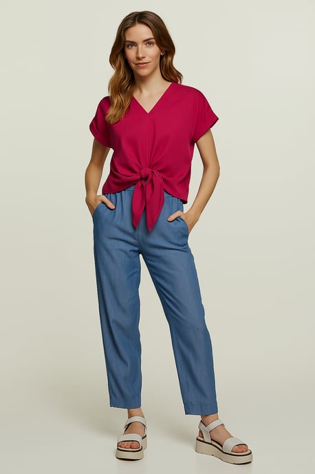 Blouse met gestrikte voorkant in fuchsia – 100% viscose-voile - Image 2