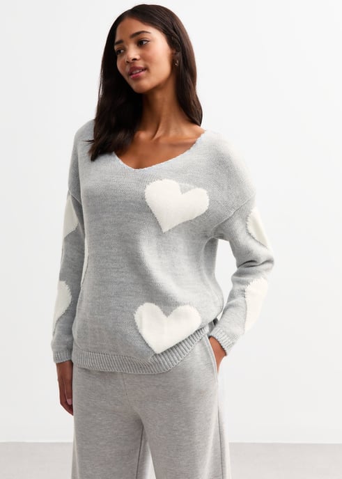 Grijze V-hals oversized gebreide hart trui - Image 3