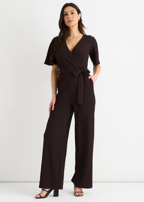 Trui wikkel-jumpsuit met wijde pijpen in chocoladestructuur - Image 1