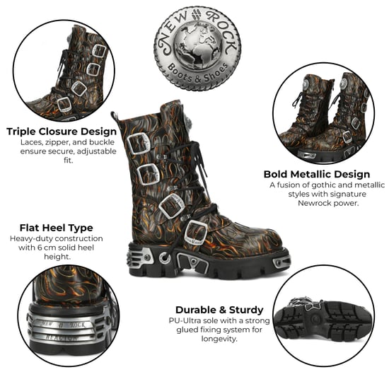 New Rock M-591-C62 halfhoge zwarte vlammen leren metallic gothic laarzen - Image 2