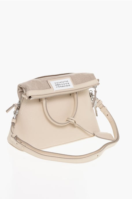 MM11 Gestructureerde leren 5AC-tas met canvasdetail in beige - Image 3