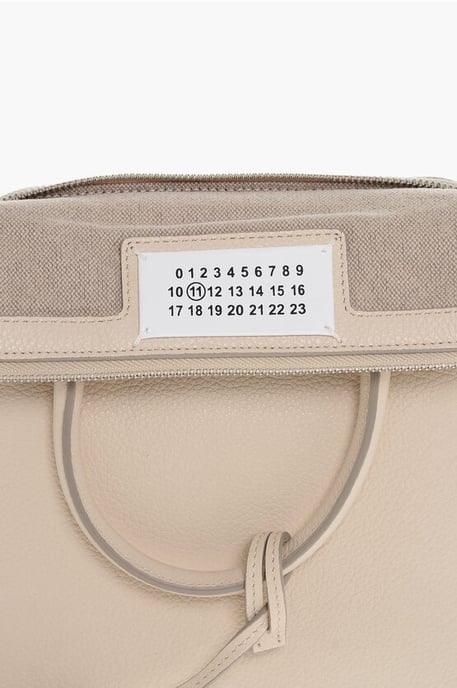 MM11 Gestructureerde leren 5AC-tas met canvasdetail in beige - Image 4