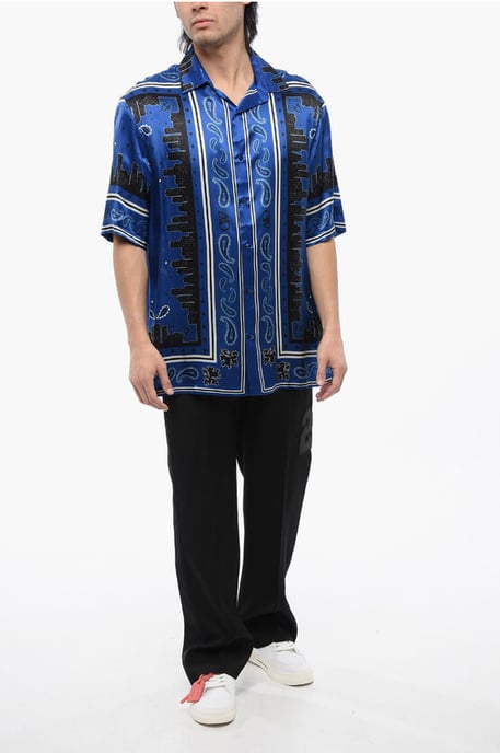 Bandana-motief bowlingshirt in blauw, zwart - Image 4