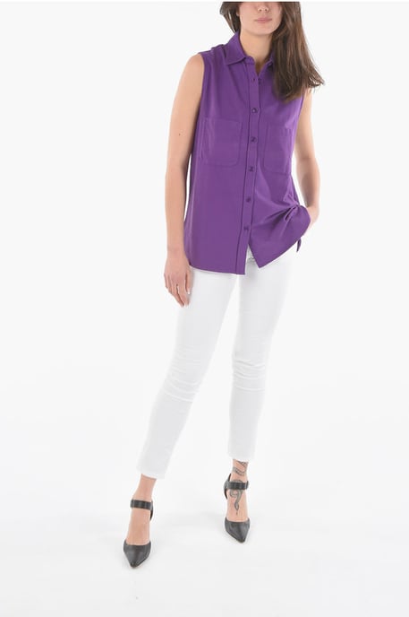 Mouwloos maxi-shirt van katoen met dubbele borstzakken in violet - Image 4