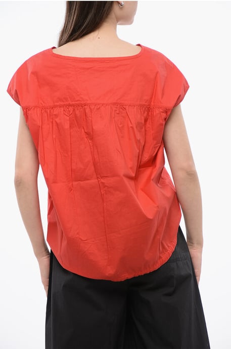 Popeline mouwloos shirt met trekkoordzoom in rood - Image 2